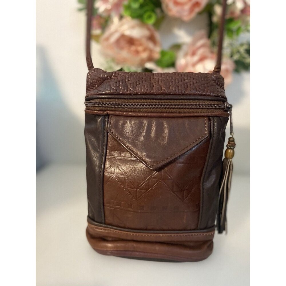 Vintage Brown Tooled Leather Cross Body Purse Handbag Shoulder‎ Bag Tassel 9"x6"